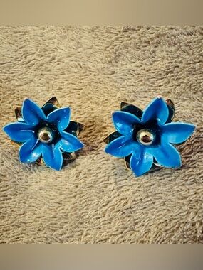 Blue Floral Enamel Clip-On Earrings